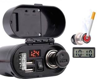 acube mart Motorcycle 12V Cigarette Lighter Dual USB Quick Charger Voltmeter Digital Clock 2 A Bike Mobile Charger