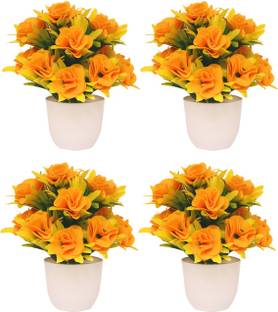 NERAPI Sunshine Yellow Rose 4 Piece Flower Plant Set For Perfect Decoration, Wild Artificial Plant  with Pot