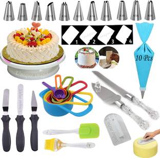 Unique Impex Easy Rotate Cake Turntable + Cake Smoother + 6 Pcs Multi-Color Measuring Spoon + Silicone Spatula and Brush Set + 4 Pcs Scraper set + 12 Piece Cake Decorating Set with Piping Bag + 3 Pcs Multi-Function Stainless Steel Cake Icing Spatula Knife Set+ Stainless Steel Cake Knife and Server Set with Acrylic Handle (All Product Reusable & Washable) Kitchen Tool Set