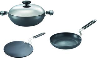 Prestige Hard Anodised + Cookware Build Your Kitchen set 3 Pcs- Fry pan, Kadhai with Lid, Tawa 24 cm diameter with Lid