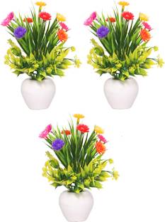 NERAPI Set of 3 Multi Color Mini Home/Office, Table Top Decorative Flower Plant, Multicolor Wild Flower Artificial Flower  with Pot