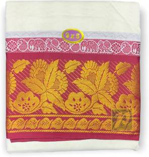 प्रकाशम कॉटन Mens Unbleached Panchakacham (9x5) Dhoti & towel Set-100% cotton Flower Design पुरुषों के लिए सॉलिड धोती