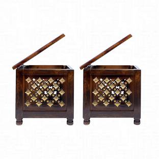 manzees Wooden Beautifull Brass Cutting Storage Stool for Living Room | Office Decor Solid Wood Side Table