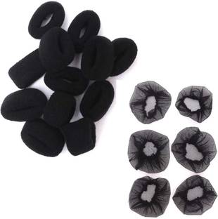 Zintalic 12 Black Cotten Woollen Rubber Band With 6 Net Juda Bun For Girls & Women Rubber Band