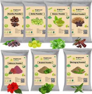 Brightland 100% Bio Organic Amla Reetha Shikakai Hibiscus Bhringraj Heena & Brahmi Powder {60gm Each}
