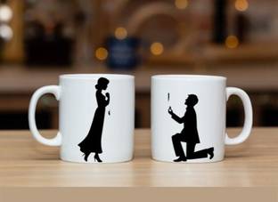 ZORI Valentine Special Cute Proposing Couple Black Printed Glossy Finished, ,330ml Ceramic Coffee Mug
