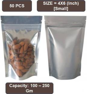PAQEE One Side Silver, Standy Storage Pouch (4x6 in) (50 Pcs) Polypropylene Storage Pouch