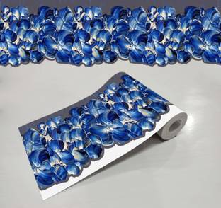 WALLDESIGN 152.4 cm White Blue Flower Painted Adhesive Border Sticker for Skirting (5.25 In x 5 Ft) Self Adhesive Sticker