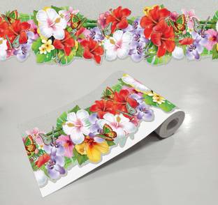 WALLDESIGN 609.6 cm Butterflies On Orchid Hibiscus Self Adhesive Border Runner (5.25 In x 20 Ft) Self Adhesive Sticker
