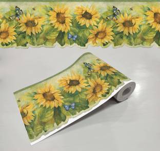 WALLDESIGN 609.6 cm Sunflower & Butterflies Leafy Self Adhesive Wall Border Runner (5.25 In x 20 Ft) Self Adhesive Sticker