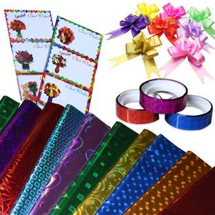 RINKON Gift Wrapper Gift Paper Sheet COMBO (Paper 10 ,Tape 3 ,Flower 10 +Wish 10 ) Gift Papers PLASTIC, Sticker Gift Wrapper