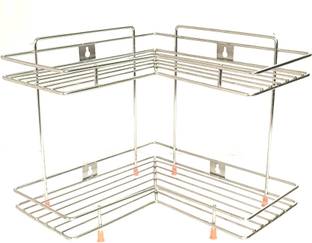 Daaduji Utensil Kitchen Rack Steel Creation / Stainless Steel 2 Tier L-Corner Stand for Kitchen and Bathroom, Multipurpose Storage Organizer, Shelf Rack, Bathroom Shelf Wall Mounted, Chrome Finish, Size: 31 x 31 x 33 cm