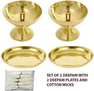 FRAMTASTIC Pure Brass Akhand Diya for Puja Temaple Decoration/Diya Stand Oil Lamp Brass (Pack of 2) Table Diya Set