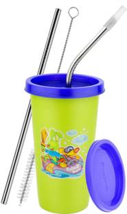 PRABHA Stainless Steel Tumbler with Lid Cap 370 ml 1 pcs with 2 Straws 1 Brush Green Stainless Steel Tumbler