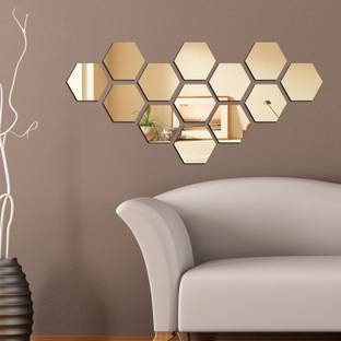 RadhaKripa 151 cm 13 Hexagon Golden 3D Acrylic Stickers Mirror Stickers Wall Stickers Self Adhesive Sticker