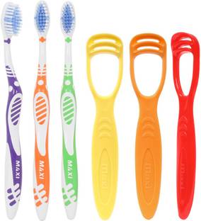 Maxi Oral Care Family Pack of 6-(3 Adults) Sensitive+ Toothbrush & (3 TC) 1 Number Tongue Cleaner