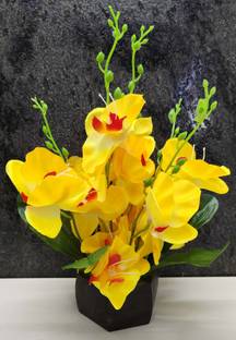 Olive Trees Artificial Orchids Flowers With Wooden Pot For Home Decoration, Office & Gifts Yellow Orchids Artificial Flower  with Pot