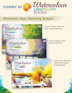 Set Of 3 Landscape Painting Books With Step By Step Guide To Practice Landscape Watercolor Painting | Landscape Scenery Painting | Paint Stone, Grass, Tree, Water, Cloud, Ice And Structural Paintings