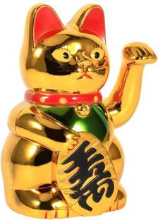 SWISS WONDER Chinese Lucky Waving Gold Cat Figure Moving Arm Decorative Showpiece  -  15 cm