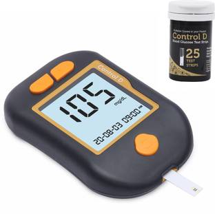 Control D Advanced Glucose Blood Sugar Testing Machine with 25 Strips Black Orange Glucometer