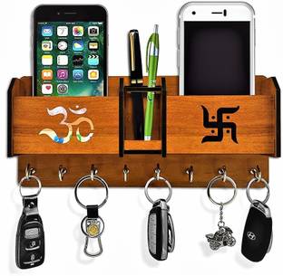 TrendsTube Om Swastik Unique Key Hanger With 2 Pocket Mobile/Pen Stand Wood Key Holder