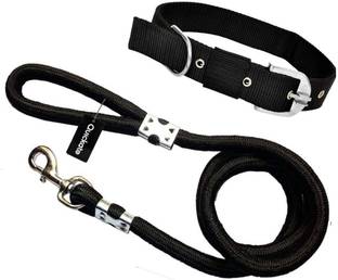 Quickato Good Nylon Dog Belt Combo of Black Dog Collar with Black Leash Lengthy Dog Collar & Leash