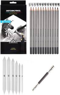Definite Art Graphite Professional Drawing Sketching Pencil Set- Artist Grade Degree Pencils 10B, 8B, 6B, 5B, 4B, 3B, 2B, B, HB, 2H, 4H and 6H (Pack of 12), Art Blending Paper Stumps (Pack of 6) and One 13cm Pencil Extender