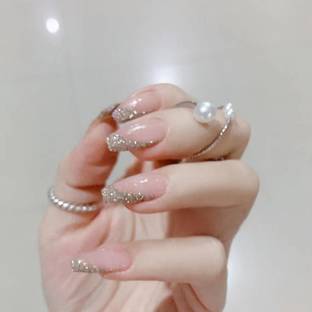 The Pink Truck Luxurious Designer Reusable 3D ROSE PINK WITH GLITTERS LONG ARTIFICIAL NAILS Rose Pink