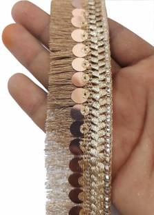 Mezin Rose Gold Zari-2 Tassel Fringe Sequence Lace Border for Dresse, Saree, Lehenga, Dupatta, Bag, Craft and Decorations (9 Mtr) Lace Reel
