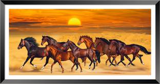 DBrush 7 Running Horses Vastu Blessing Art Laminated Framed Lucky Painting Big size Digital Reprint 12 inch x 24 inch Painting