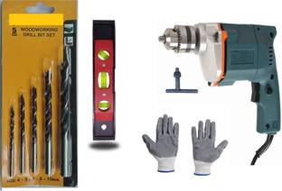 Gadariya King 10mm Electric Drill Machine and 9inch level and 5 pcs Wood drill bit and Gloves Hammer D...