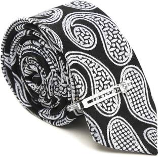 LOUIS STITCH Mid Black Italian Silk Necktie Set With Pocket Square & Silver Chrome Pin Self Design Tie