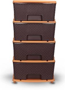 HALSEY Plastic Drawer Storage System With Wooden Design(4 XL-Large,Brown) Plastic Free Standing Cabinet