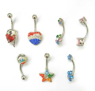 Tattoo gizmo Stylish Stainless Steel Piercing Jewelry Set of 7 Crystal Belly Button Rings Stainless Steel Charm Set