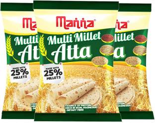 Manna Multi Millet Atta - 3kg (1kg x 3 Packs) - MultiGrain Atta with 25% Millets, Tasty and Healthier Rotis everyday. 100% Natural Flour. Nutrient Powerhouse