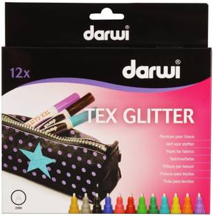 Darwi Tex Glitter Waterbased Fabric Paint Set - 12 Colors x 2mm - Made in Belgium
