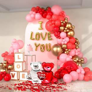 Bash N Splash Printed Valentines I Love You Balloons Valentine Day Decor with Pump & Arch 130Pcs Balloon