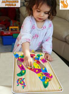 SHALAFI Wooden English AtoZ Alphabets/Animal Cat Puzzle Tray with Knob Educational Board