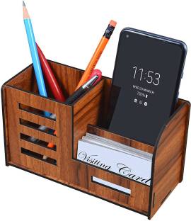 GENIYO 3 Compartments Wooden Holder Stand For Table Accessories Pen / Pencil / Mobile / Visiting card Desk Organizer