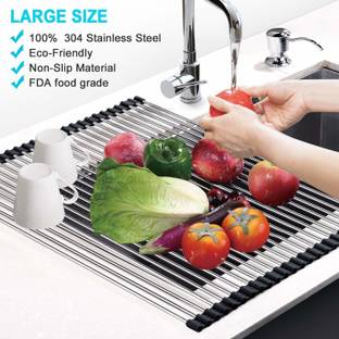 Hoshila172 Dish Drainer Kitchen Rack Steel Steel Foldable Roll-Up Kitchen Sink Crockery Veg Wash Dish Drying Rack