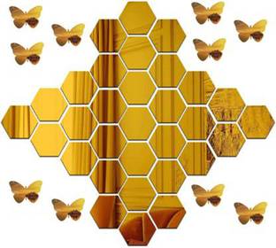 wall1ders 10.5 cm 30 Hexagon&10 Butterflies Gold, 3DAcrylic Sticker, 3DAcrylic Stickers for Wall Self Adhesive Sticker