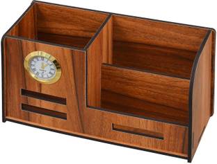 YOGI SELLING 3 Compartments Wooden Stand With Watch For Pen / Pencil / Mobile / Visiting / Business Card Box Multipurpose Wooden Desk Organizer Pen & Pencil Box With Clock For Office Table