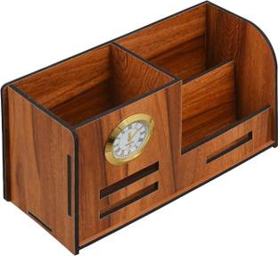 YOGI SELLING 3 Compartments Wooden Pen / Pencil Stand With Watch And Business / Visiting Card & Mobile Stand Wooden Holder With Watch For Pen / Pencil / Mobile / Visiting / Business Card