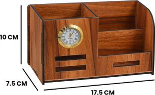 YOGI SELLING 3 Compartments Wooden Holder With Watch For Pen / Pencil / Mobile / Visiting / Business Card Wooden Pen / Pencil Stand With Watch And Business / Visiting Card & Mobile Stand