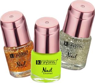 KRAYONS Crazy Gel Nail Enamel, Waterproof, Longlasting, 24ml, Combo (Pack of 3) Shimmer Golden, Shimmer Silver, Neon Yellow