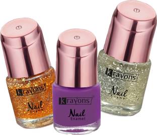 KRAYONS Crazy Gel Nail Enamel, Waterproof, Longlasting, 24ml, Combo (Pack of 3) Shimmer Golden, Shimmer Silver,, True Purple