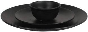 VolCraft Pack of 3 Ceramic Handmade Black Matte 1 Dinner & 1 Quarter Plate 1 Katori Bowl Microwave Safe Dinner Set
