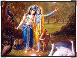 FURNATO Home Decor | UV Coated MDF Sri Krishna Balaram Picture Painting Embossed 16 inch x 12 inch Painting