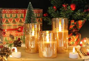XERGY Glass Battery Operated Flameless Candles with 10-Key Remote (Gold, Pack of 3) Candle