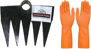 JCT HEAVY 5 TEETH IRON RAKE WITH RUBBER GLOVES Garden Tool Kit